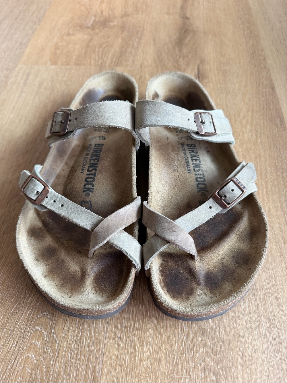 Birkenstock Mayari Leather Two-Strap Sandals with Buckles in Taupe size 39